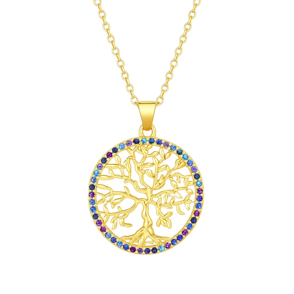 Gold necklace with a tree-shaped pendant featuring colorful stones on a white background