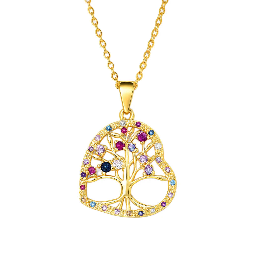 Gold tree of life pendant with colorful gemstones on a white background