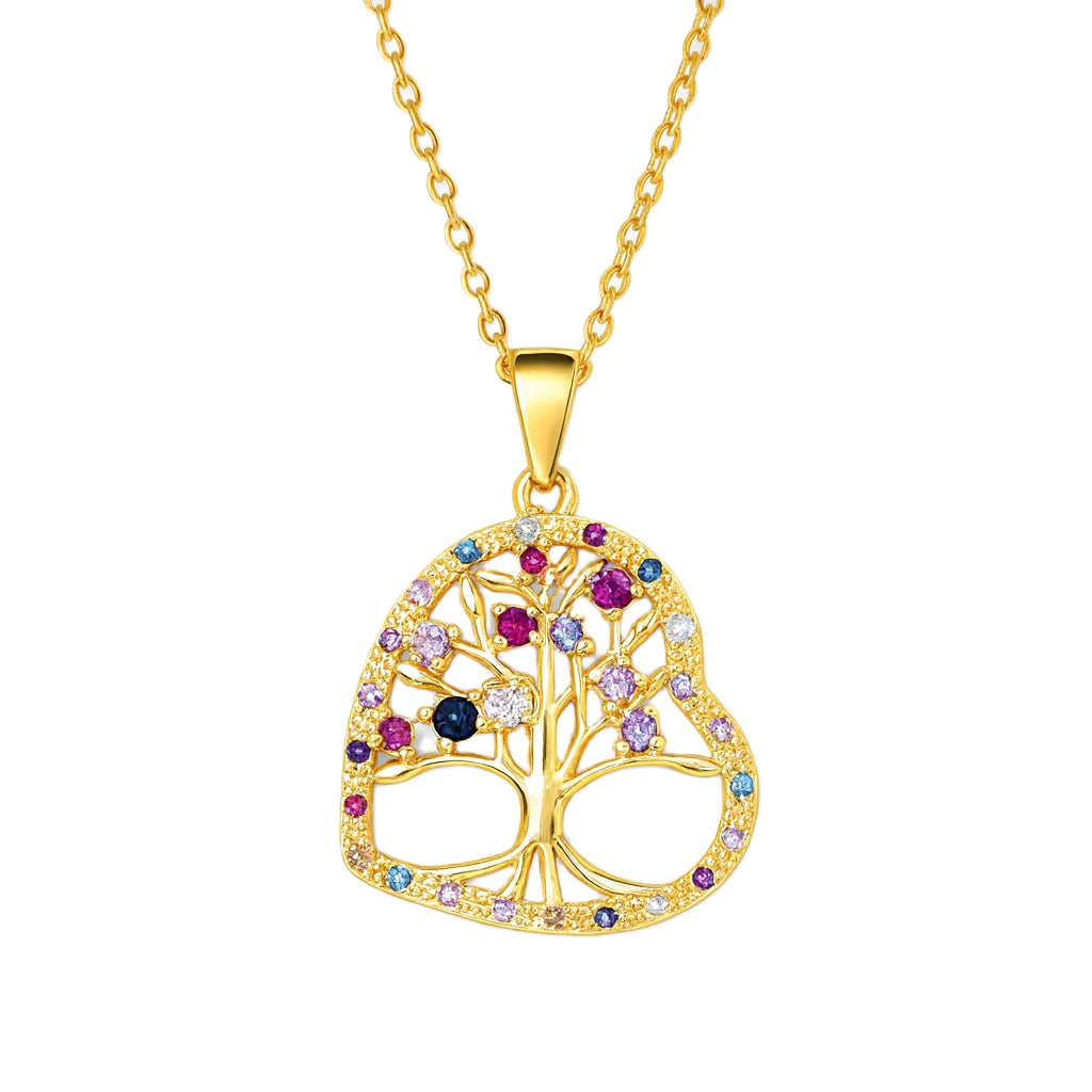 Gold tree of life pendant with colorful gemstones on a white background