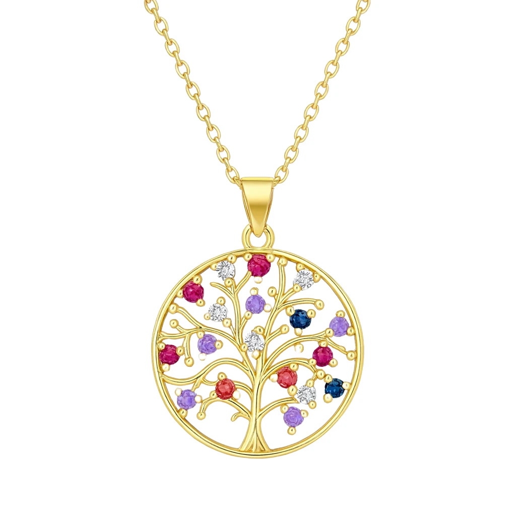 Gold tree-shaped pendant with colorful gemstones on a white background