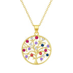 Gold tree-shaped pendant with colorful gemstones on a white background