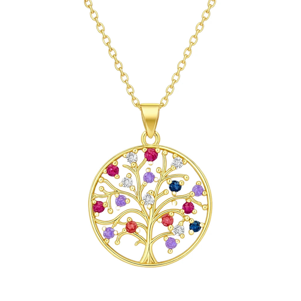 Gold tree-shaped pendant with colorful gemstones on a white background