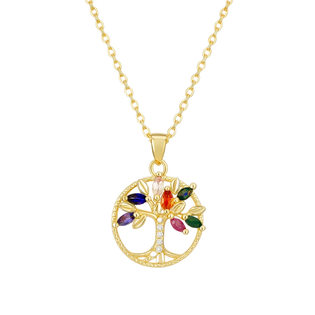 Gold necklace with a tree-shaped pendant featuring colorful gemstones on a white background