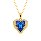 Gold necklace with a blue heart-shaped pendant on a white background