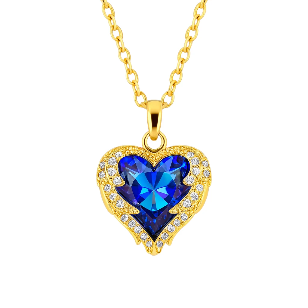 Gold necklace with a blue heart-shaped pendant on a white background