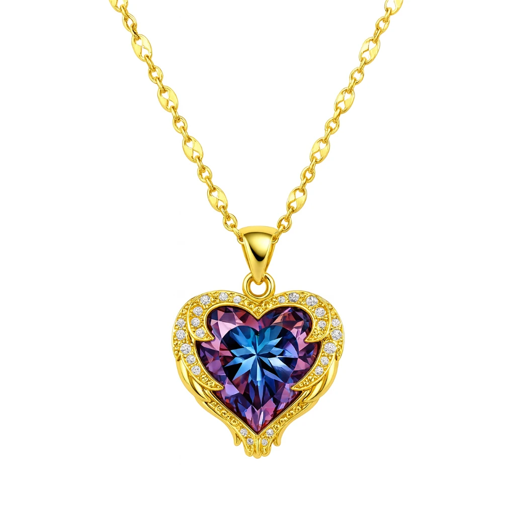 Gold necklace with a heart-shaped pendant featuring a purple blue gemstone on a white background