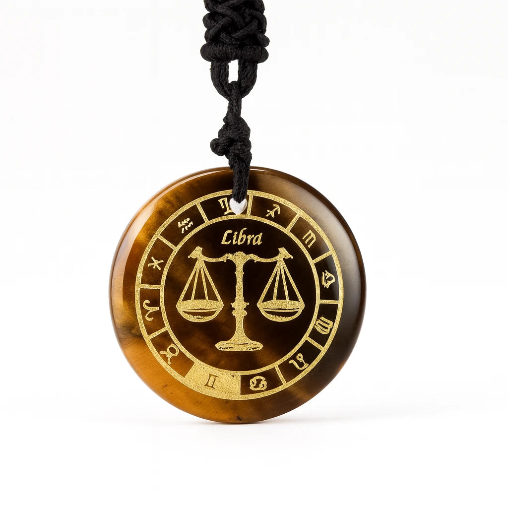 Necklace with Libra zodiac sign brown pendant on a white background