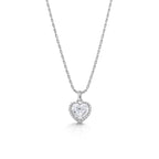 Silver necklace with a heart-shaped pendant on a white background