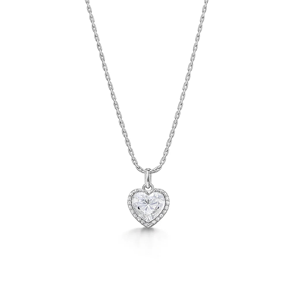 Silver necklace with a heart-shaped pendant on a white background