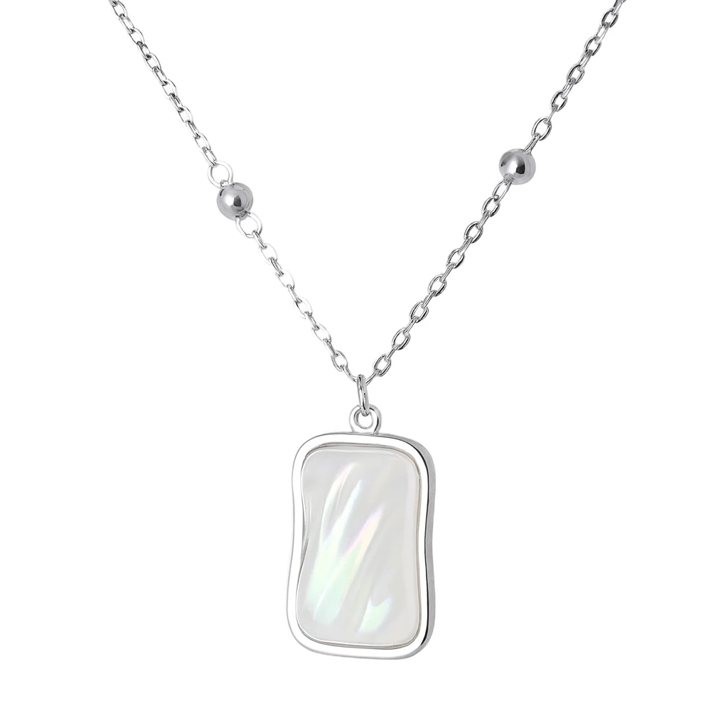 Silver necklace with a rectangular pendant on a white background