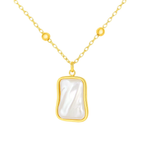 Gold necklace with a rectangular pearl pendant on a white background