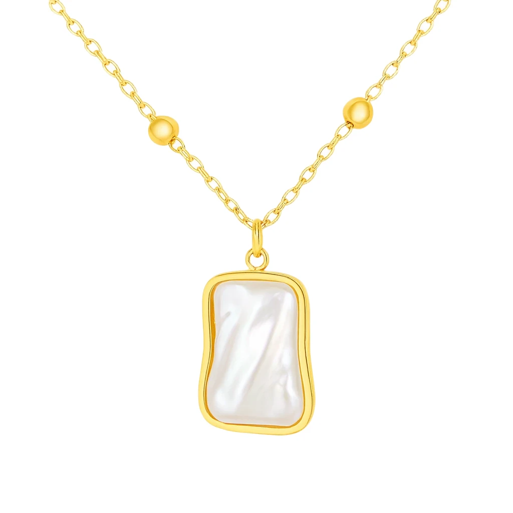 Gold necklace with a rectangular pearl pendant on a white background