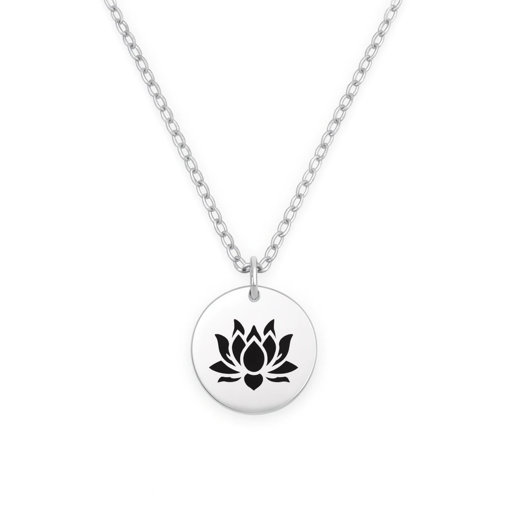 Silver necklace with a black lotus flower pendant on a white background