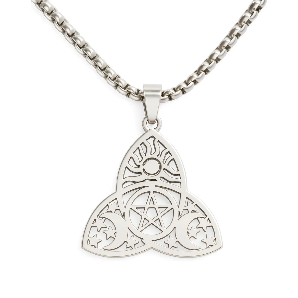 Silver pendant with intricate design on a white background