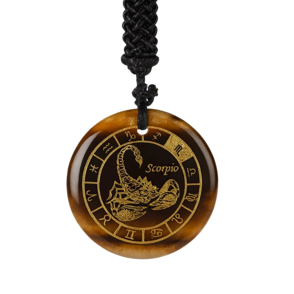 Scorpio zodiac sign brown pendant on a black cord against a white background