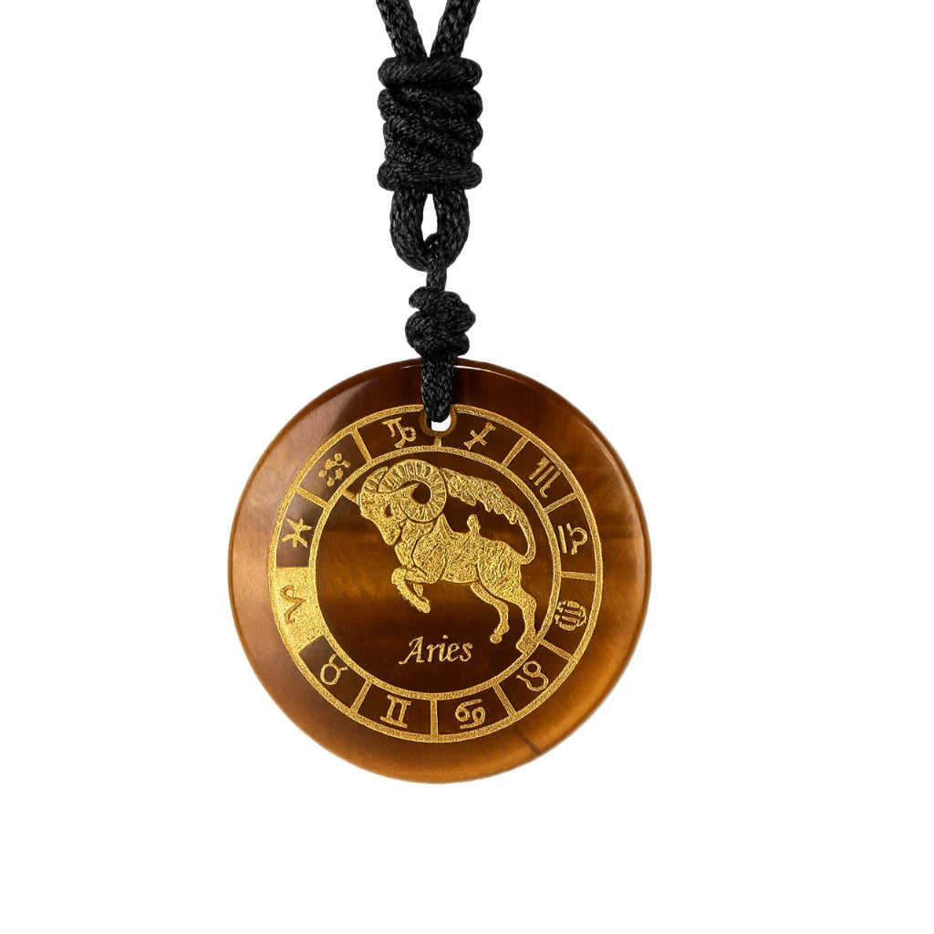 Brown pendant with Aries symbol on a black cord against a white background