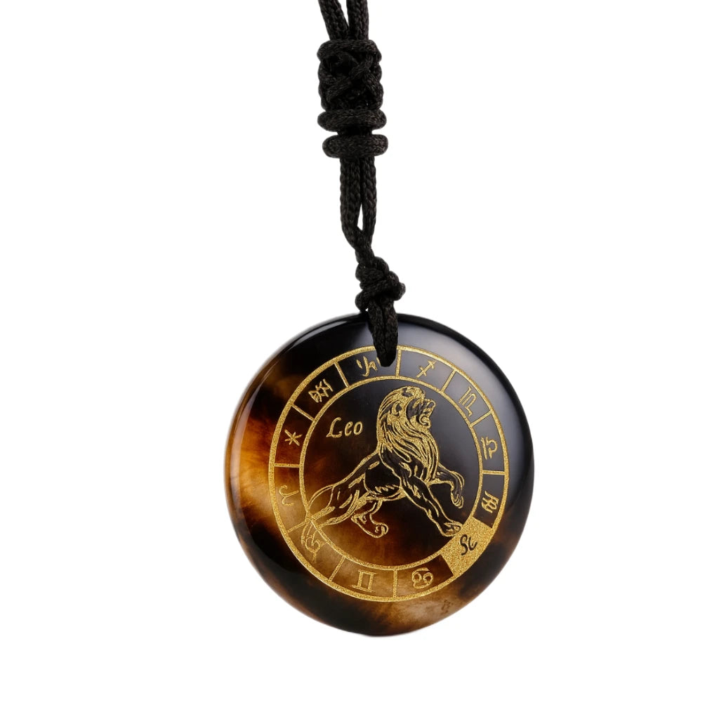 Leo zodiac symbol brown pendant on a black cord against a white background