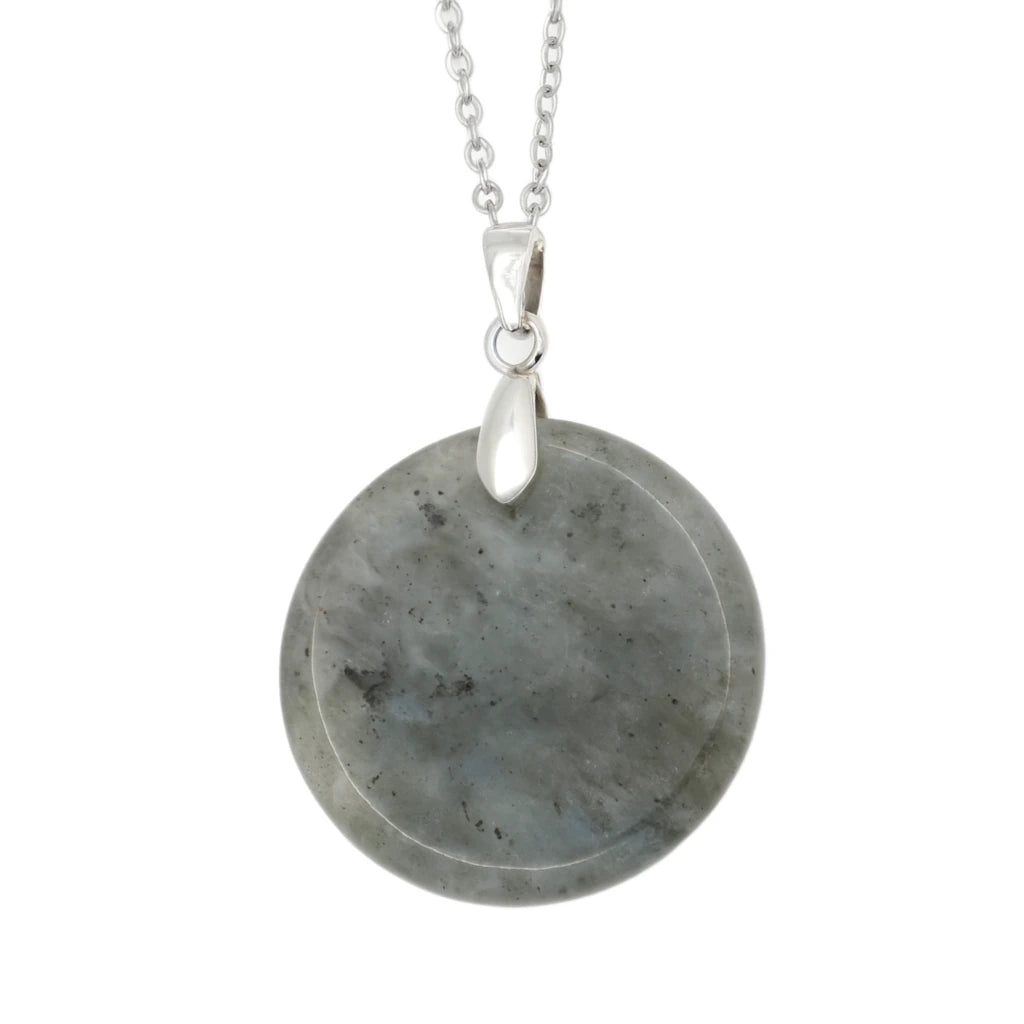 Necklace with a gray round stone pendant on a white background