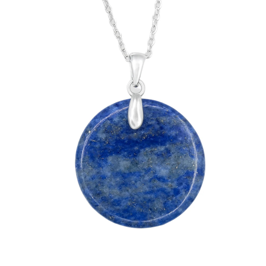 Blue stone pendant on a silver chain against a white background