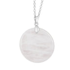 Round white stone pendant on a silver chain against a white background