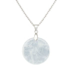 Necklace with a round, light-colored stone pendant on a white background