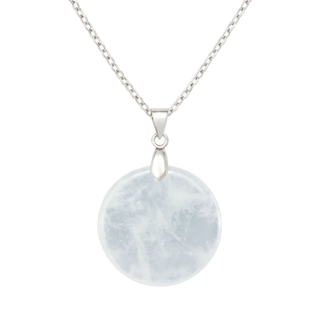 Necklace with a round, light-colored stone pendant on a white background