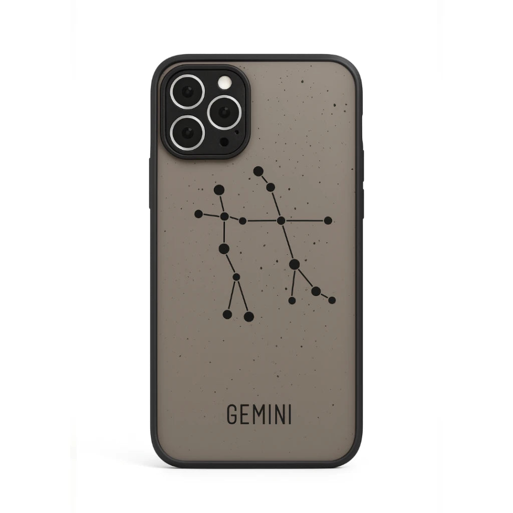 Phone case with Gemini constellation design on a beige background