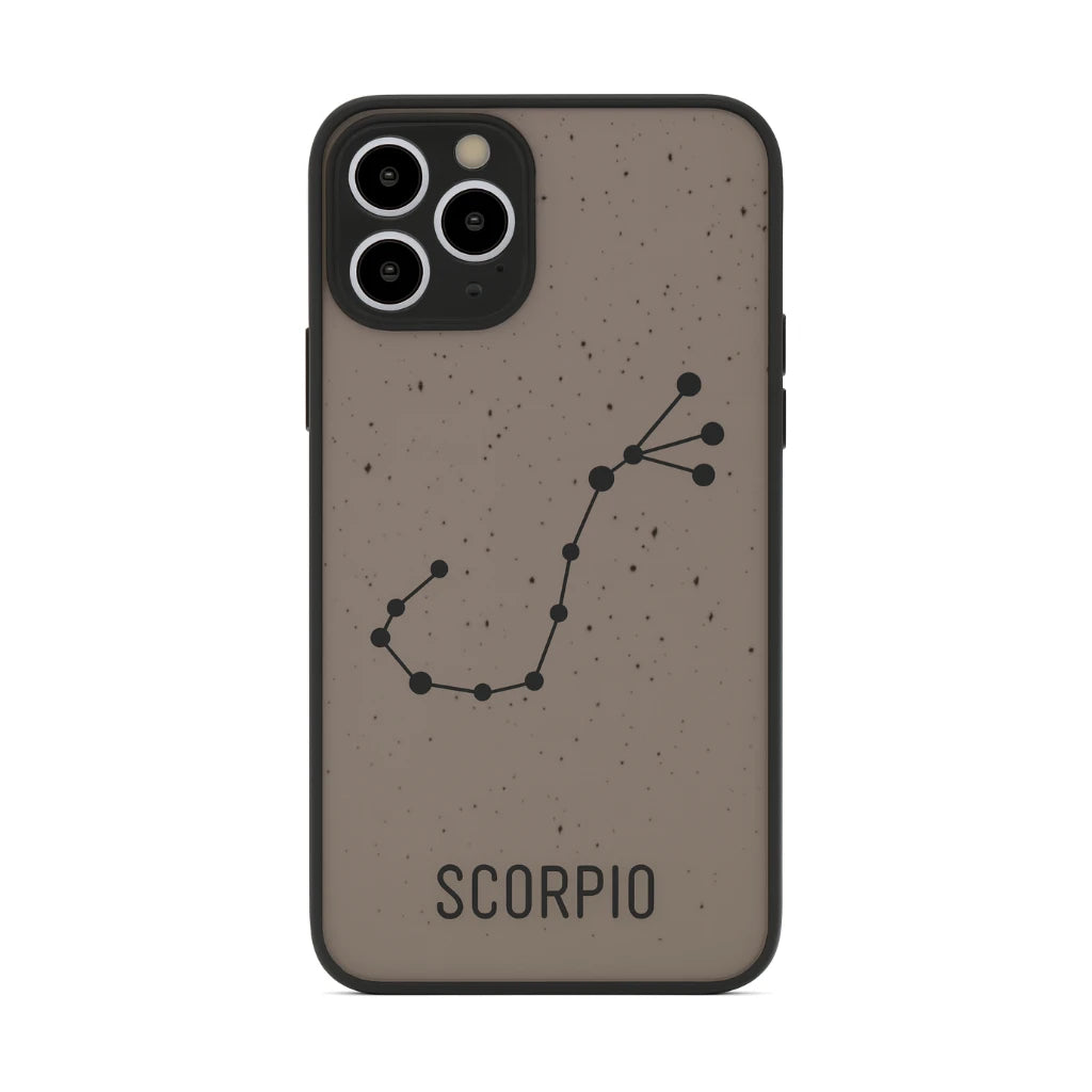 Phone case with Scorpio constellation design on a brown background