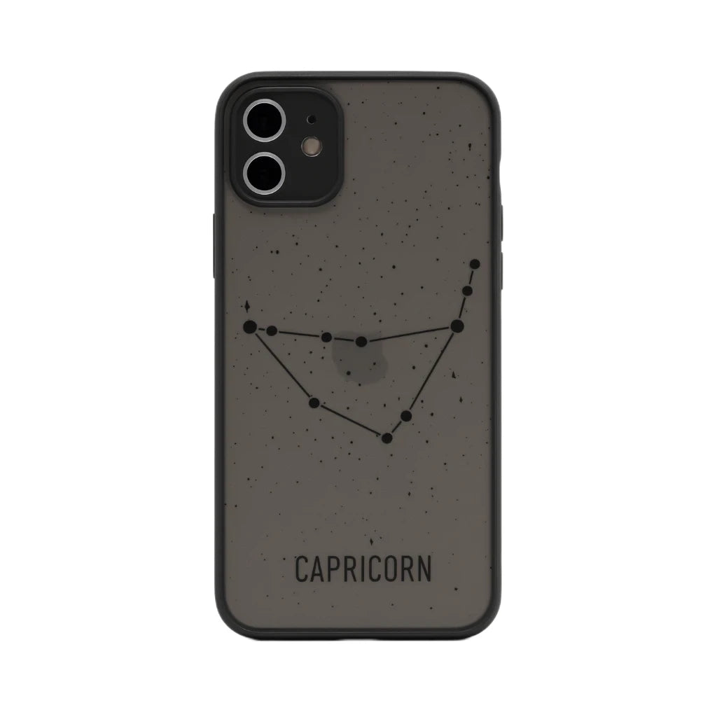 Phone case with Capricorn zodiac constellation design on a speckled gray background