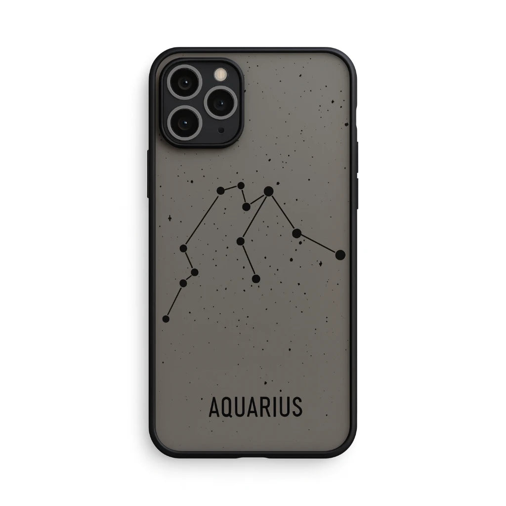 Phone case with Aquarius zodiac constellation design on a gray background