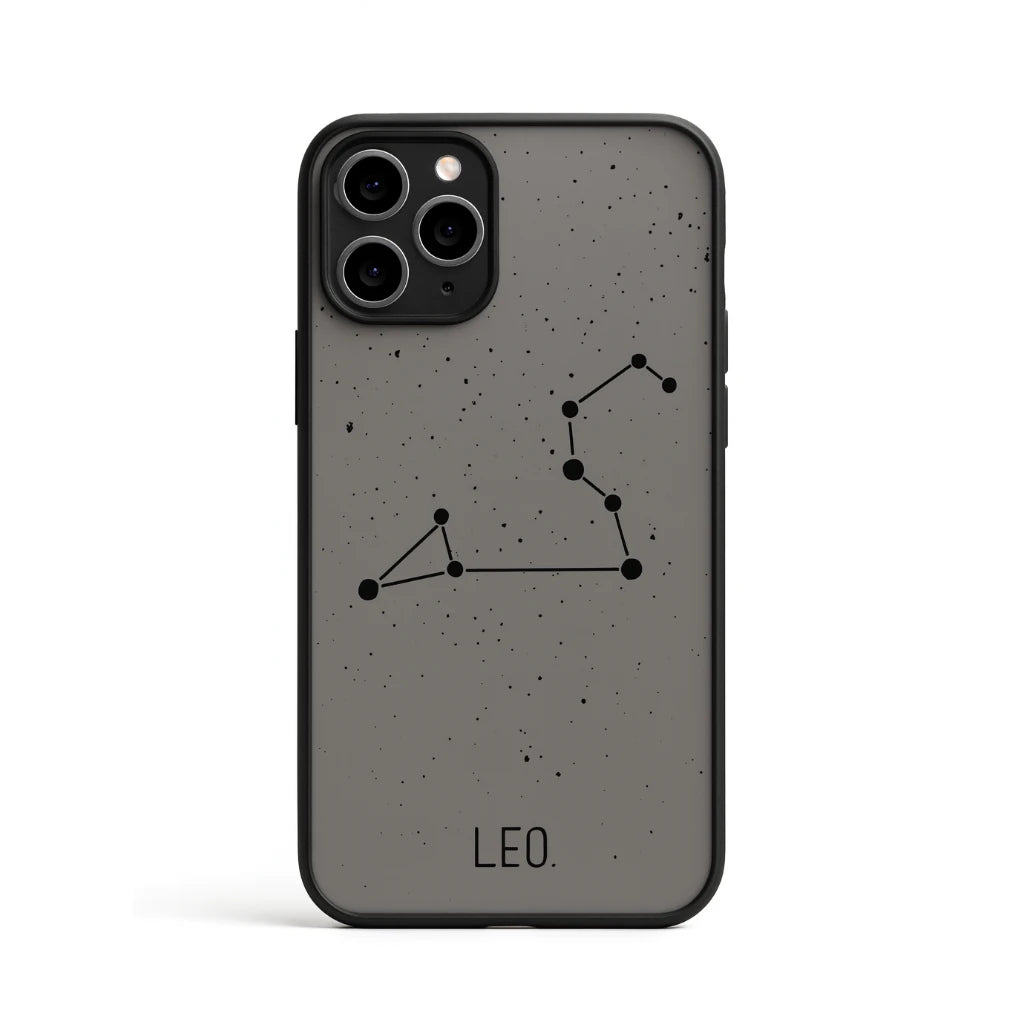 Phone case with Leo zodiac constellation design on a speckled gray background