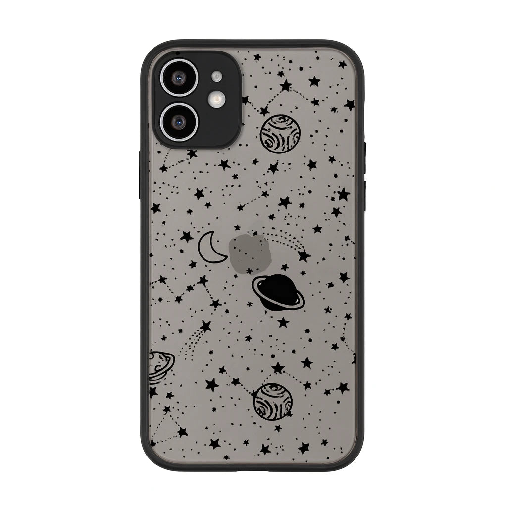 Phone case with space-themed design featuring stars, planets, and moons on a gray background