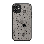 Phone case with space-themed design featuring stars, planets, and moons on a gray background