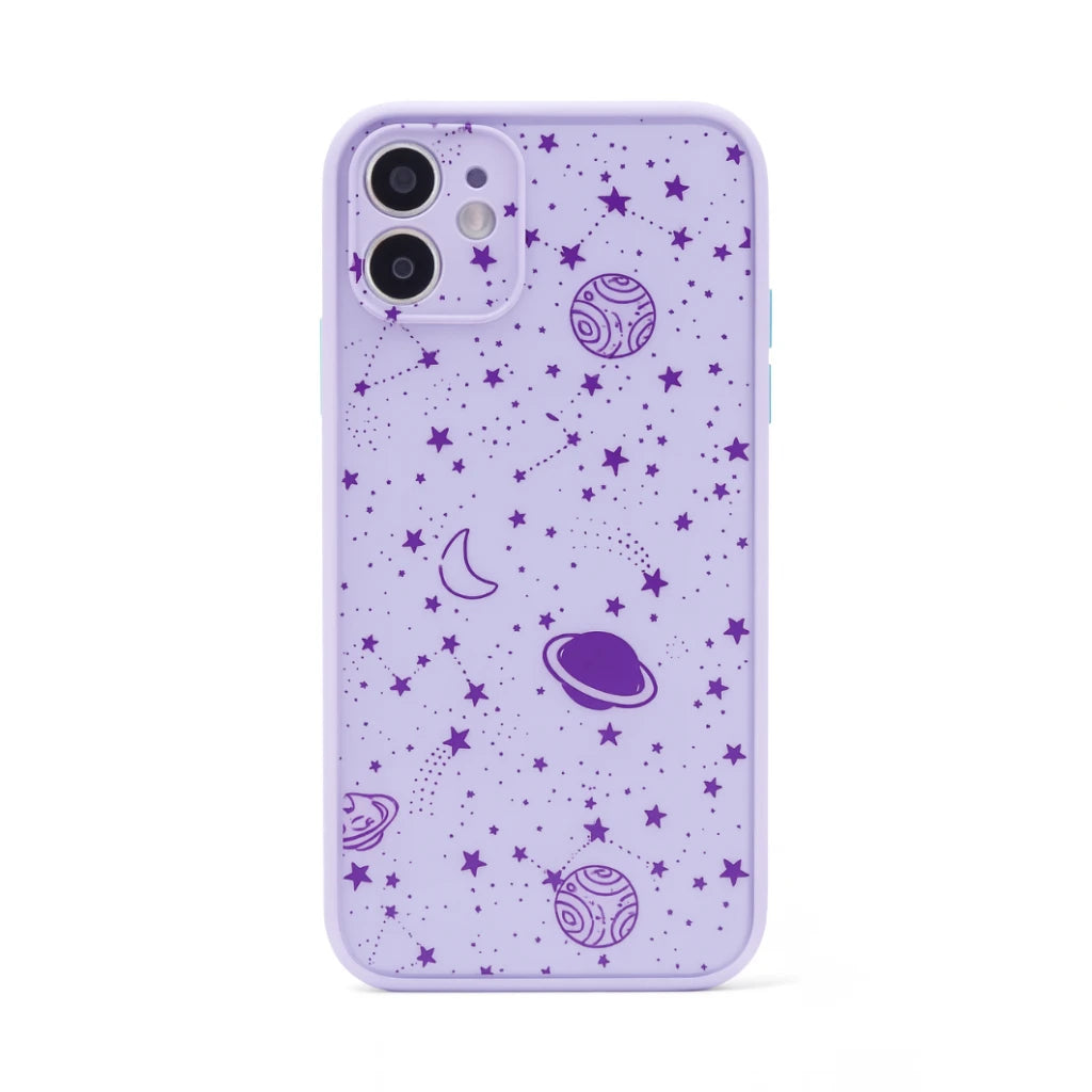 Purple phone case with celestial designs on a white background