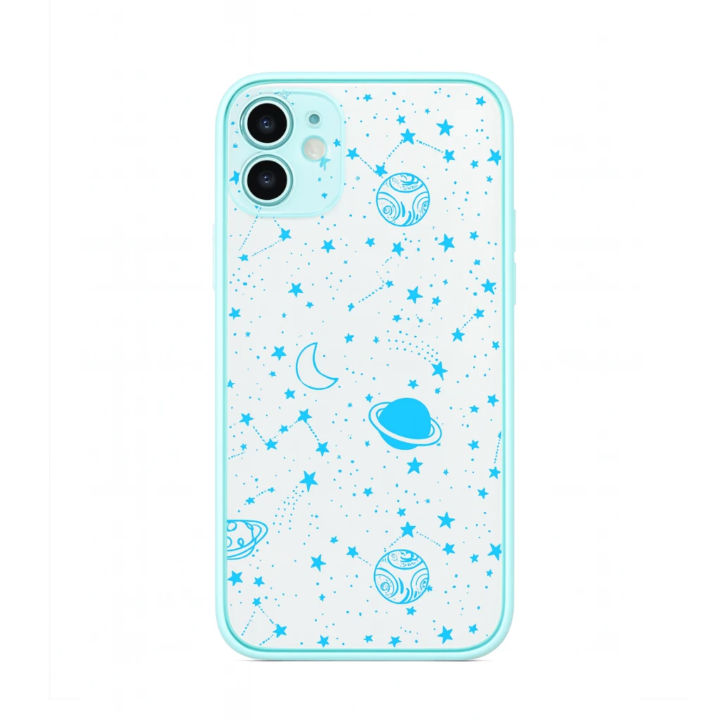 Light blue phone case with space-themed design featuring planets and stars on a white background
