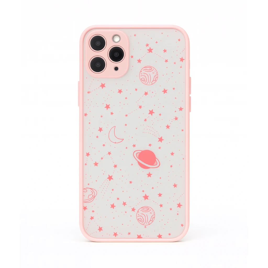 Phone case with pink planet and star pattern on a white background