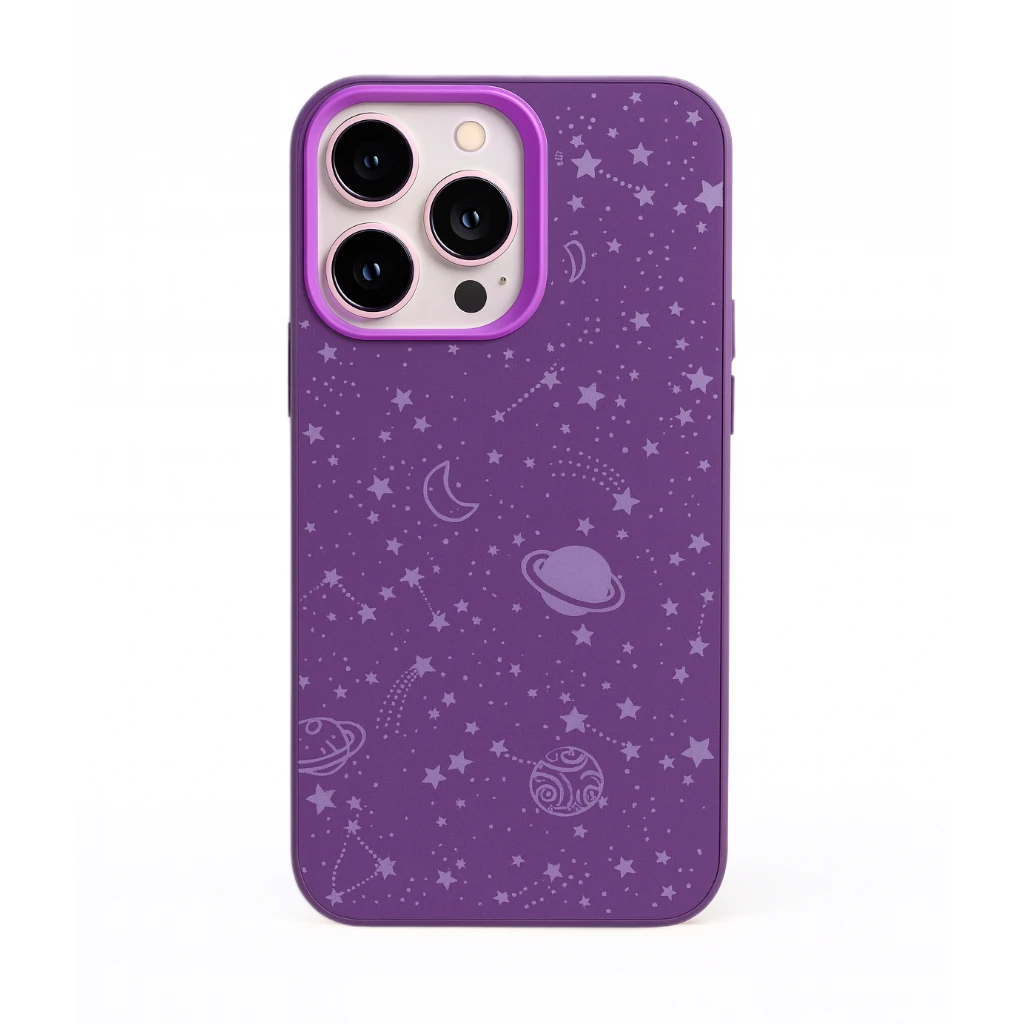 Purple phone case with space-themed design on a white background