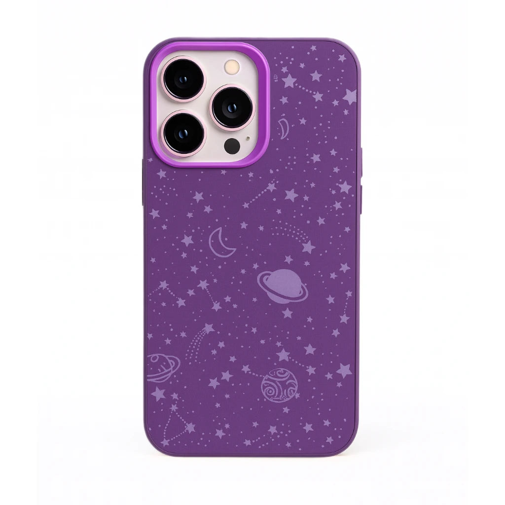Purple phone case with space-themed design on a white background