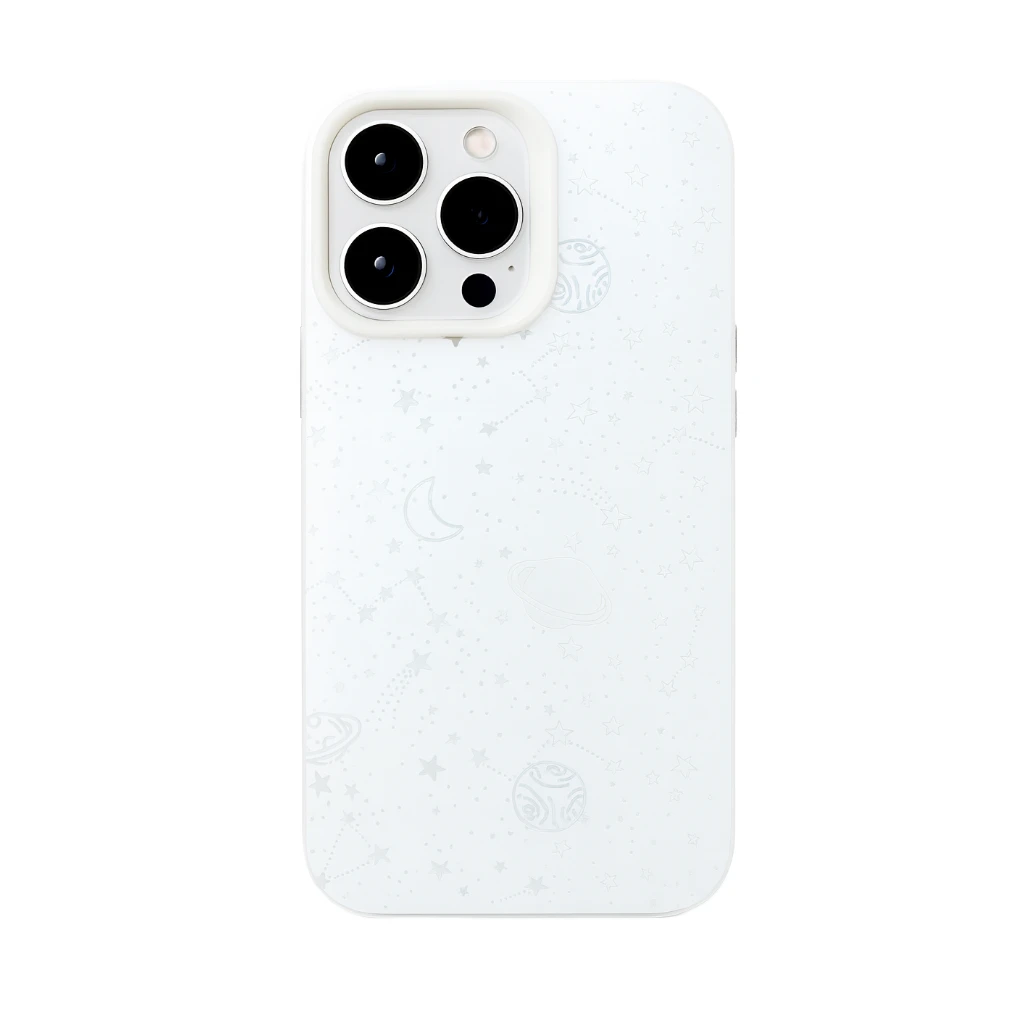White phone case with brand logo on a white background