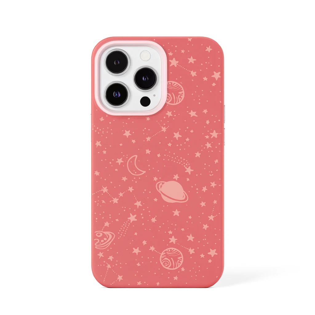 Pink phone case with celestial pattern on a white background