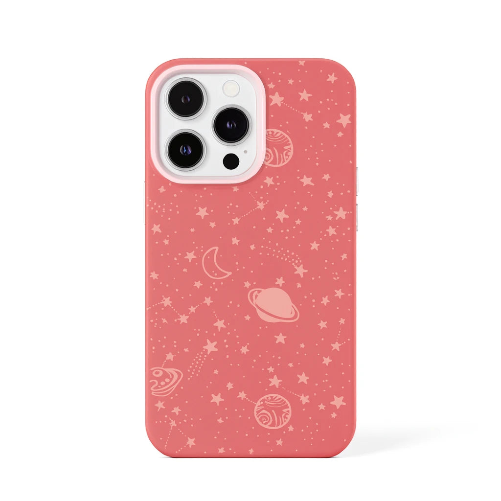 Pink phone case with celestial pattern on a white background