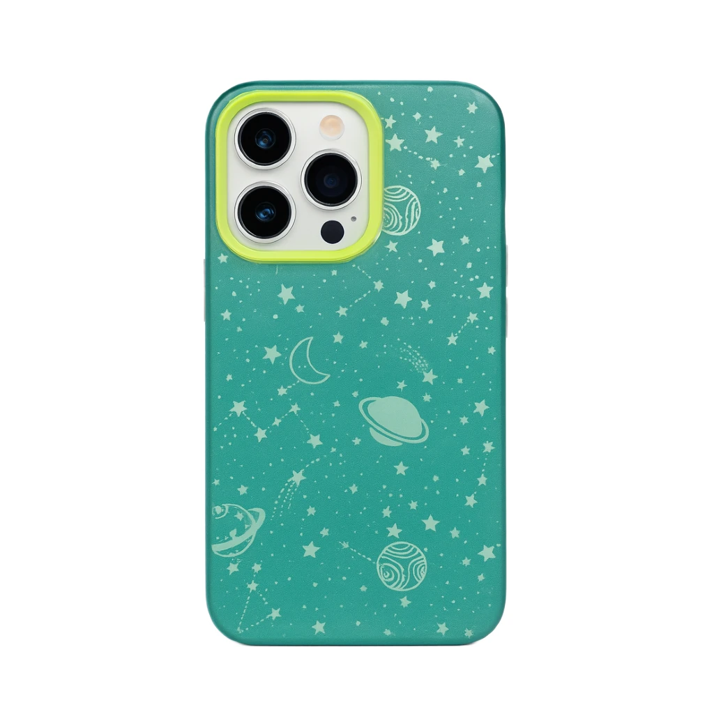 Phone case with space-themed design on a teal background