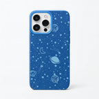 Blue phone case with celestial design on a white background