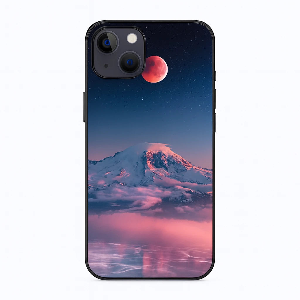 Phone case with a mountain and lunar eclipse design on a white background