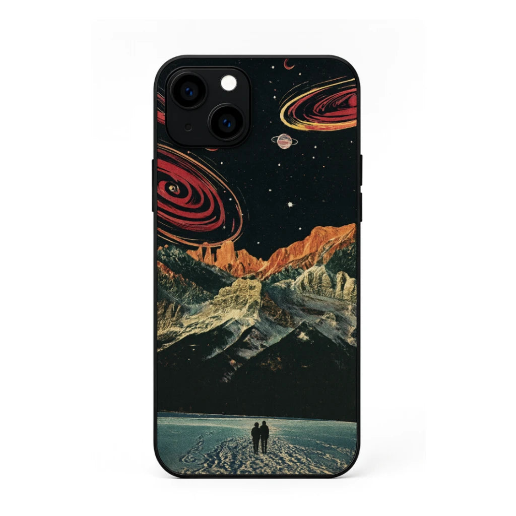 Phone case with space-themed design featuring planets and a mountainous landscape.