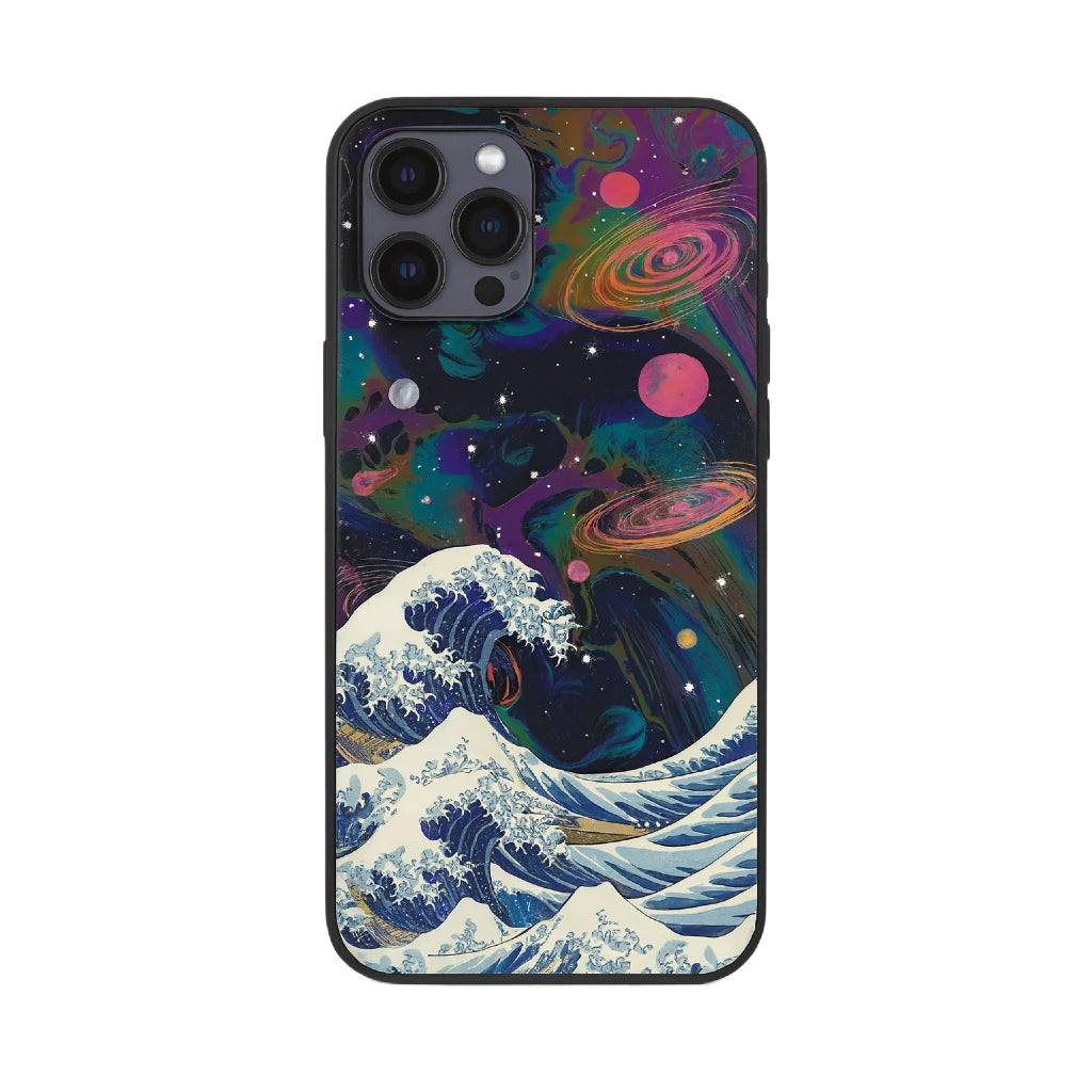 Phone case with a blend of 'The Great Wave' and cosmic design on a white background