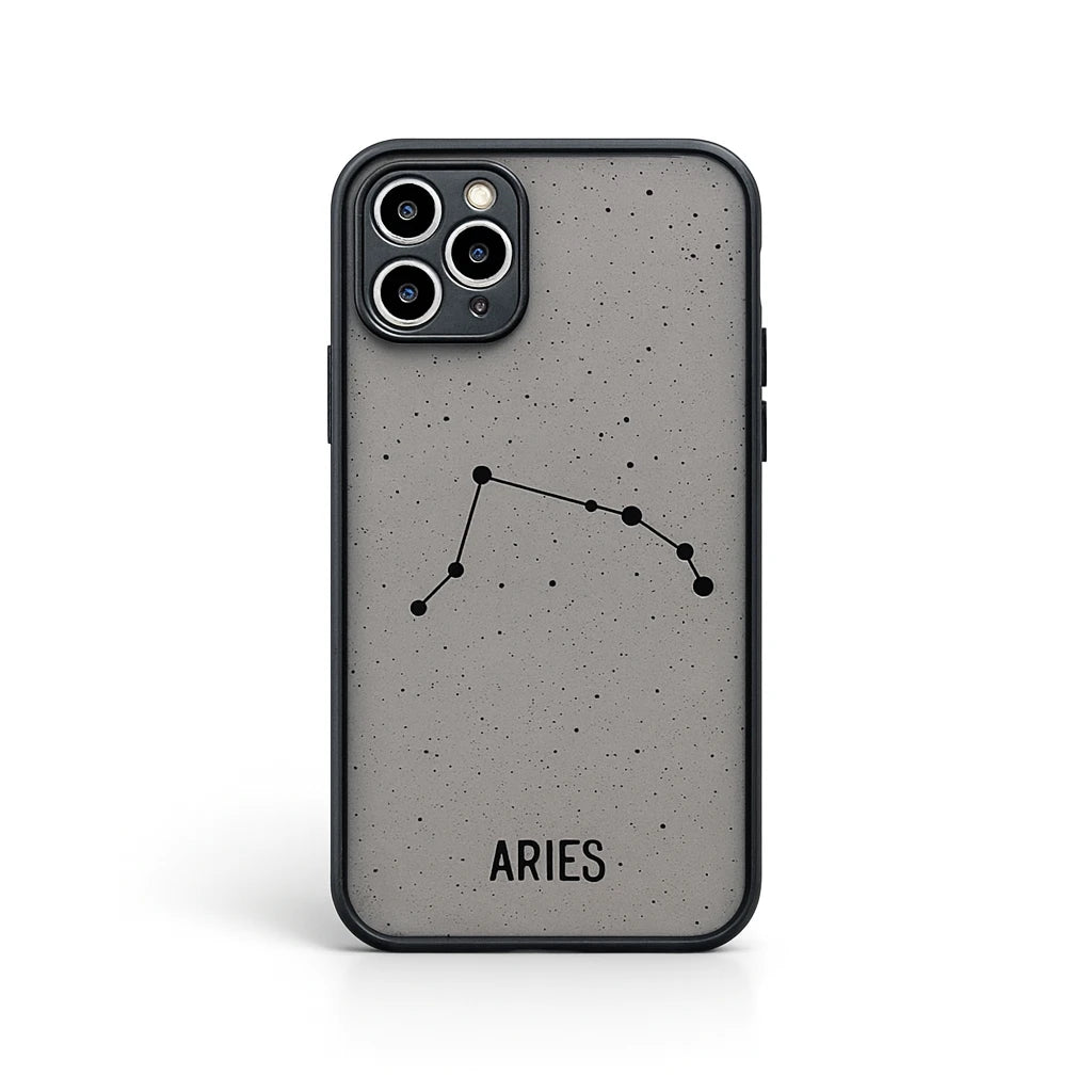 Phone case with Aries constellation design on a gray background