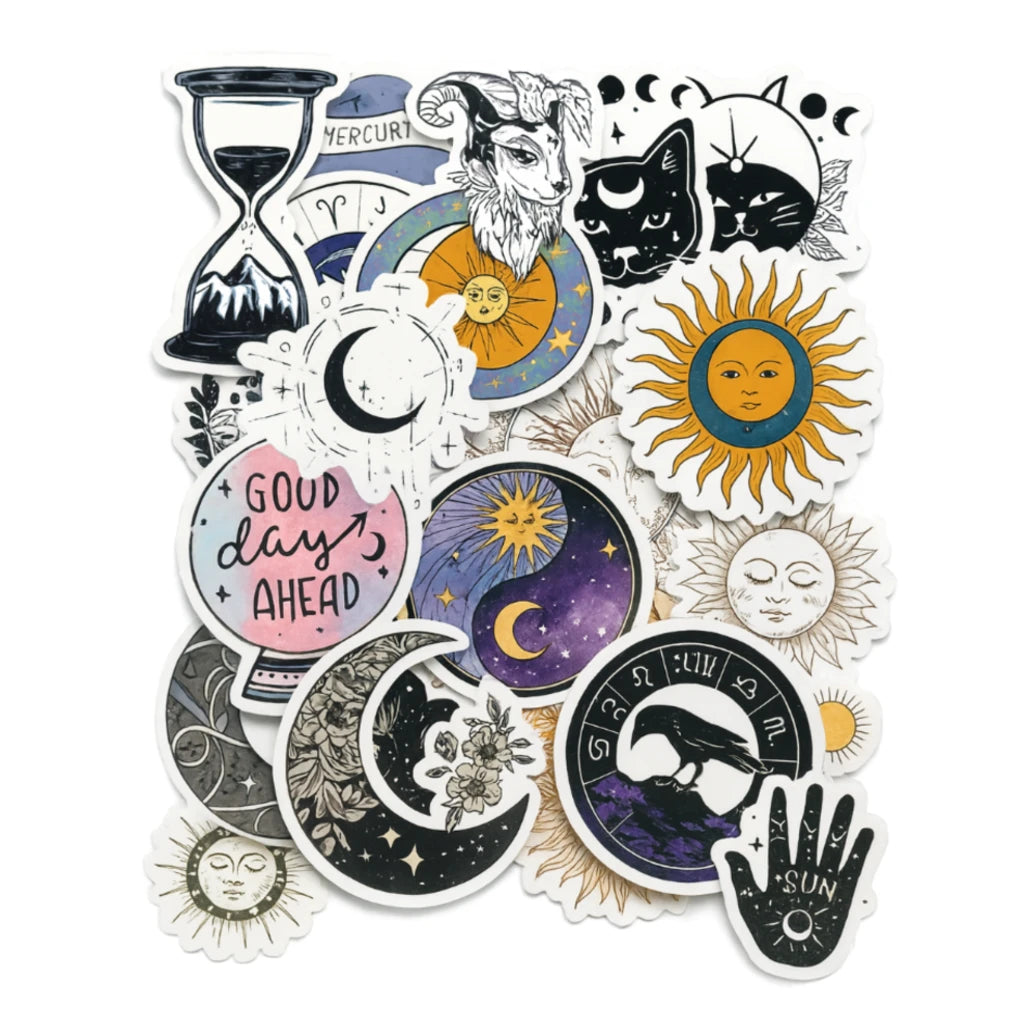 Collection of celestial-themed stickers on a white background