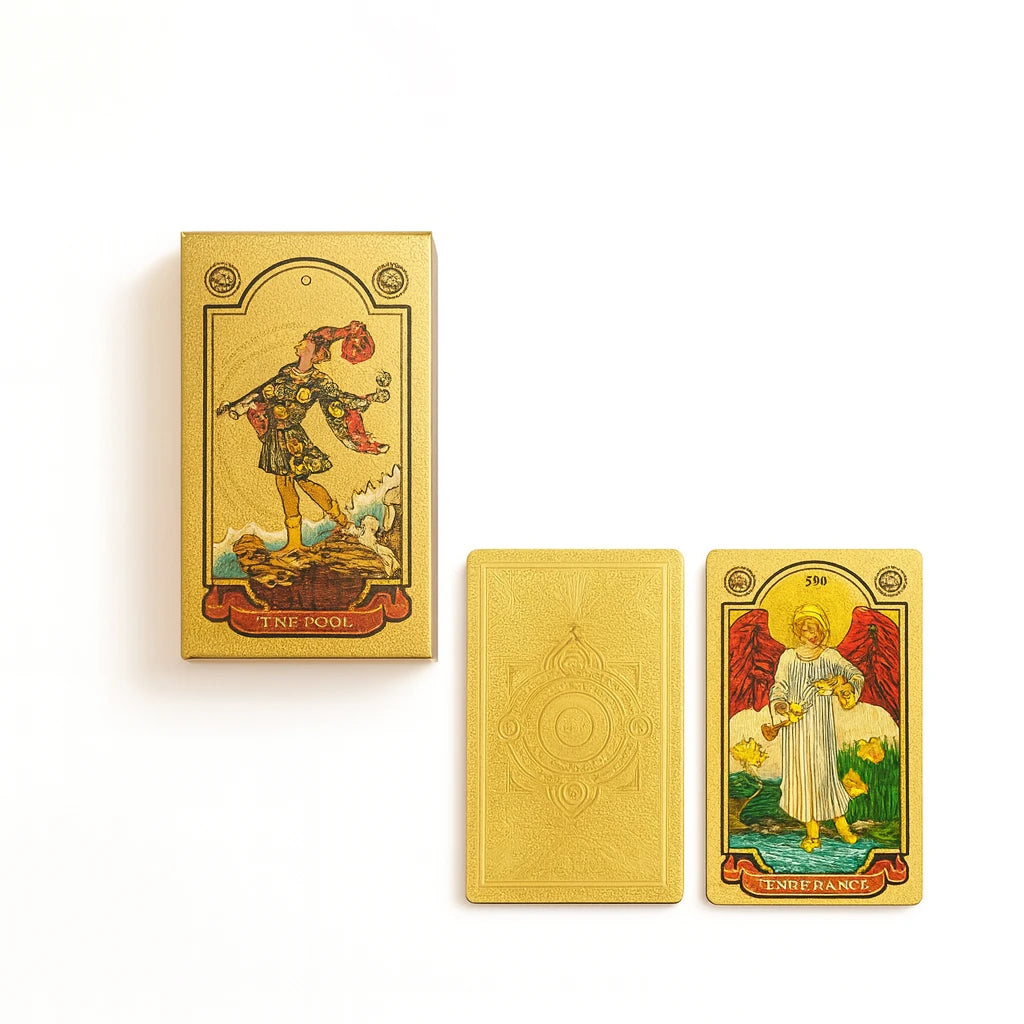Three gold tarot cards on a white background
