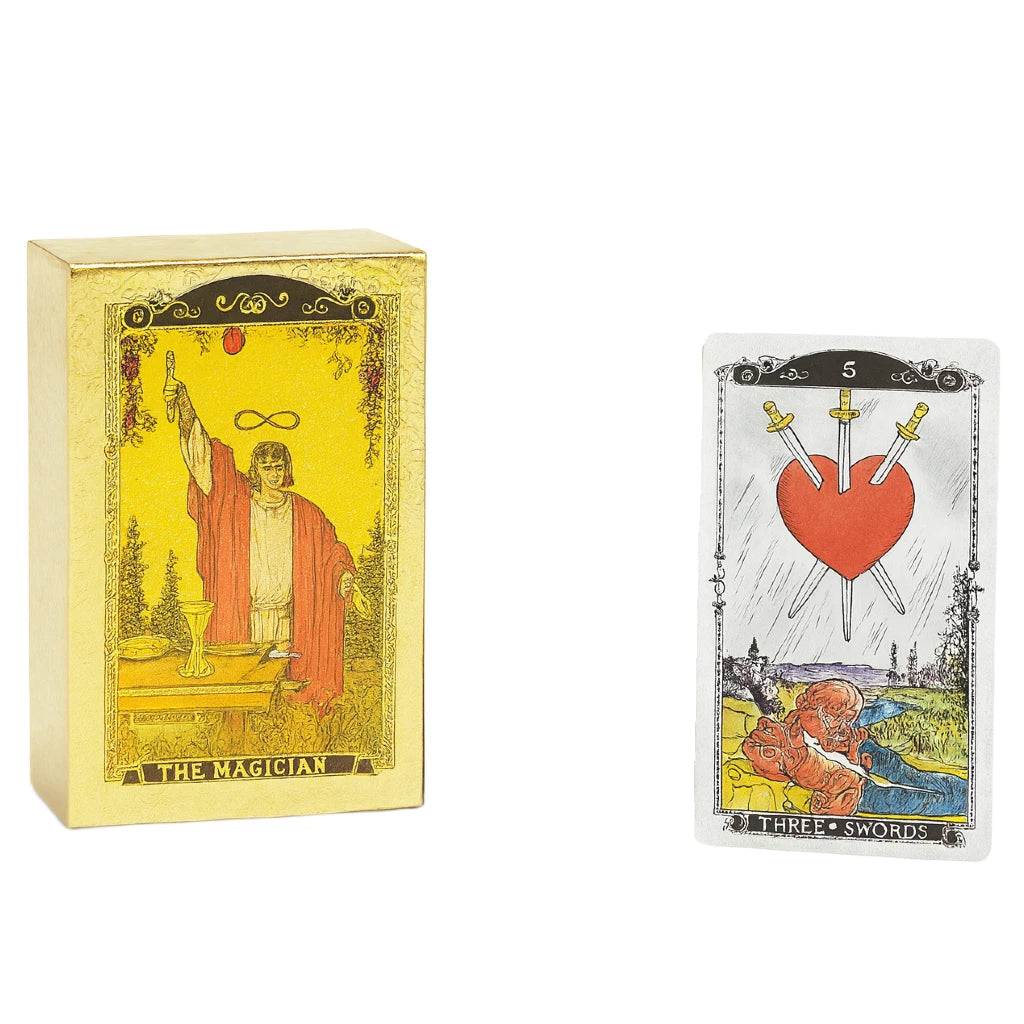 Two tarot cards with 'The Magician' and 'Three Swords' symbols on a white background